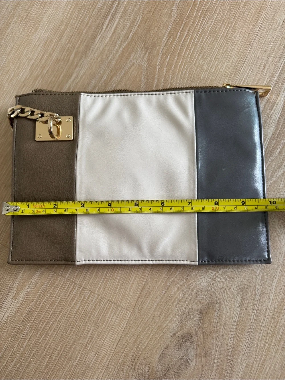 Sondra Roberts Tri-Panel Leather Wristlet Clutch in Gray, Cream & Brown